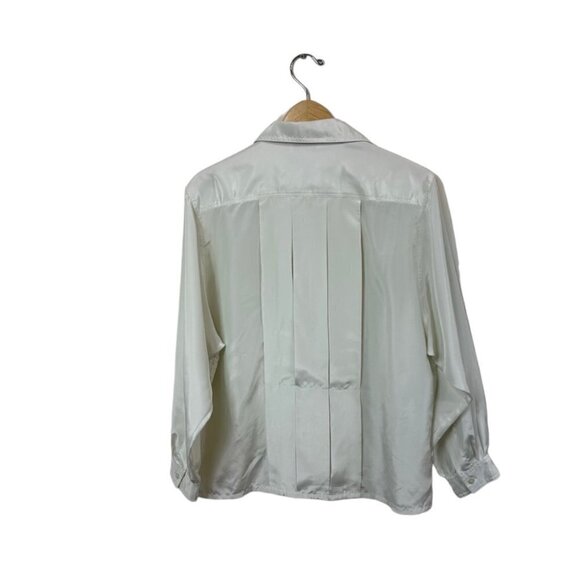 Vintage 80s Cream Pleated Long Sleeve Blouse, 12 - Picture 3 of 4